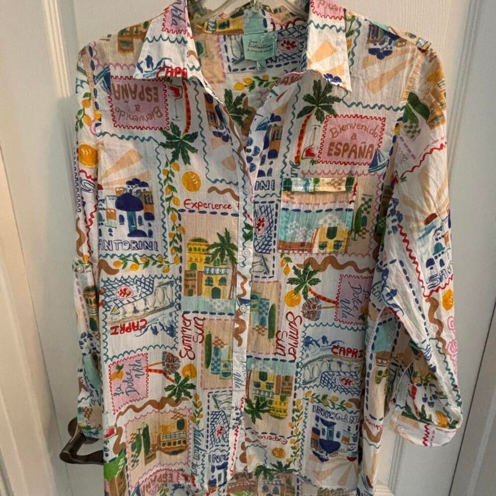True Destination Multi Cover-up Travel Themed Shirt Size L